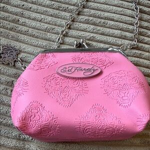 Ed Hardy Pink Embossed Clutch with Chain